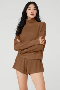 Waffle Weekend Escape Mock Neck Long Sleeve - Cinnamon Brown