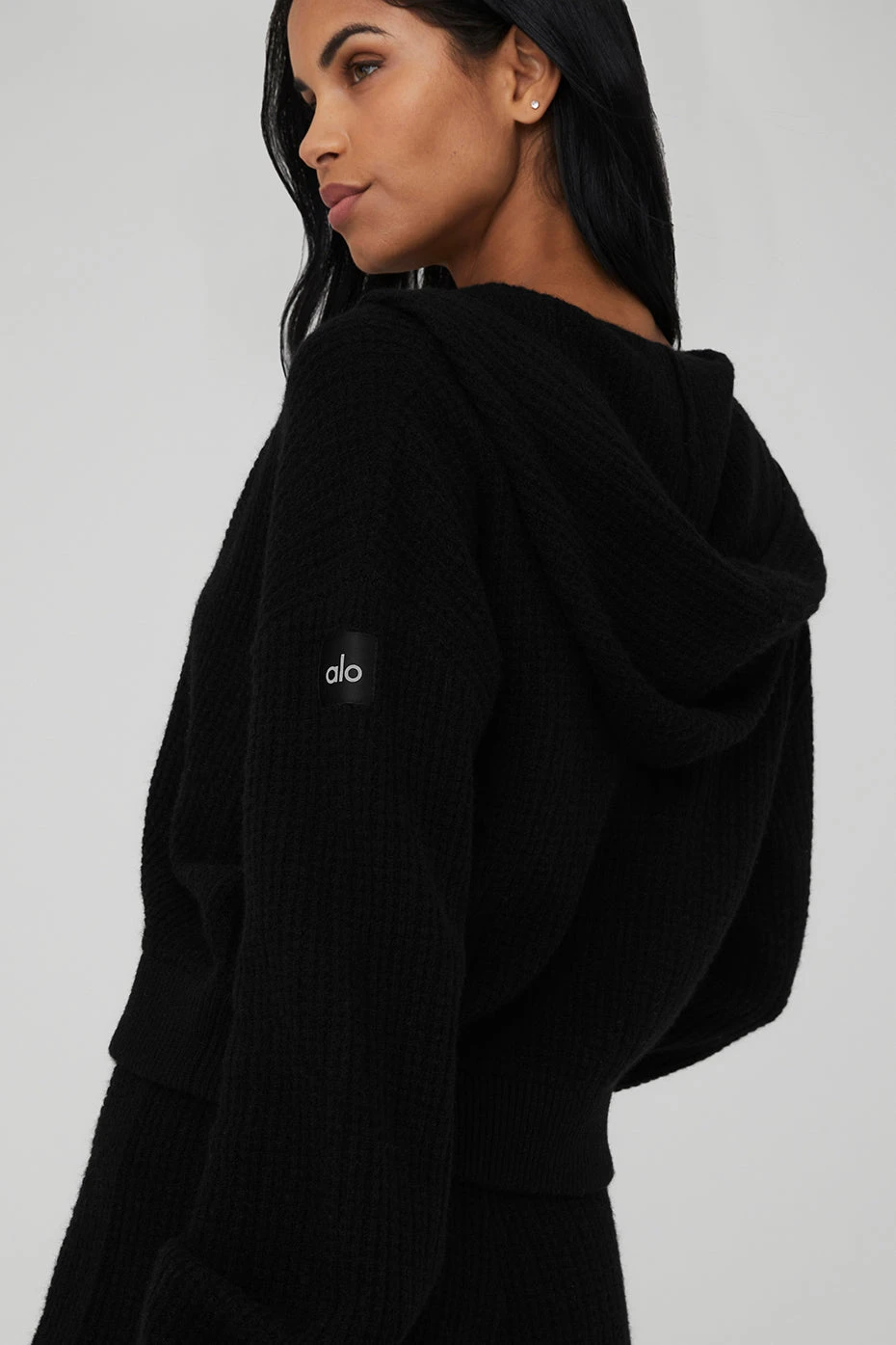 Cashmere Plush Waffle Full Zip Hoodie - Black - Image 4