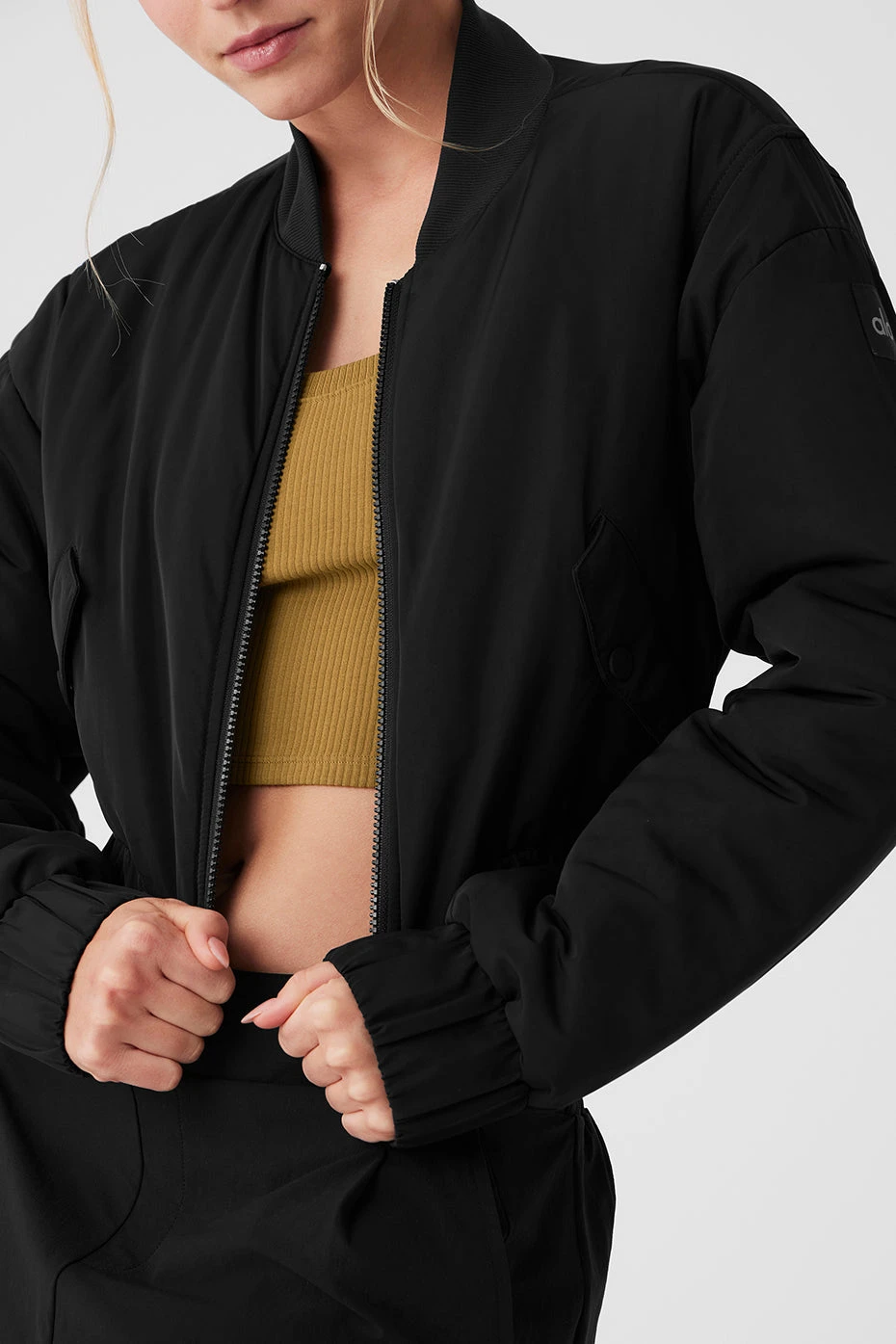 Cropped Break Line Bomber Jacket - Black - Image 4
