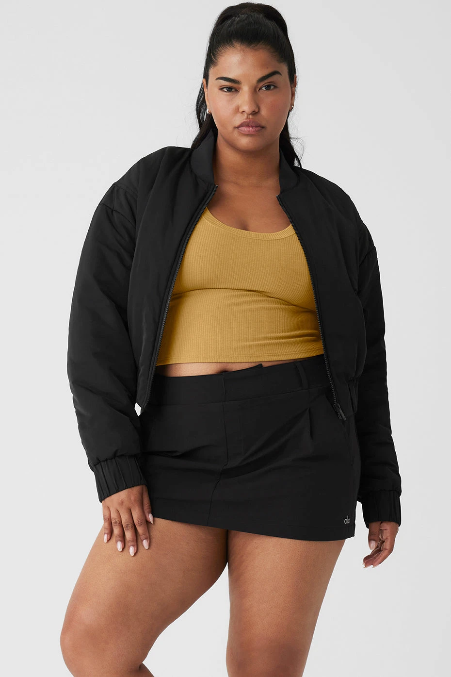 Cropped Break Line Bomber Jacket - Black - Image 5