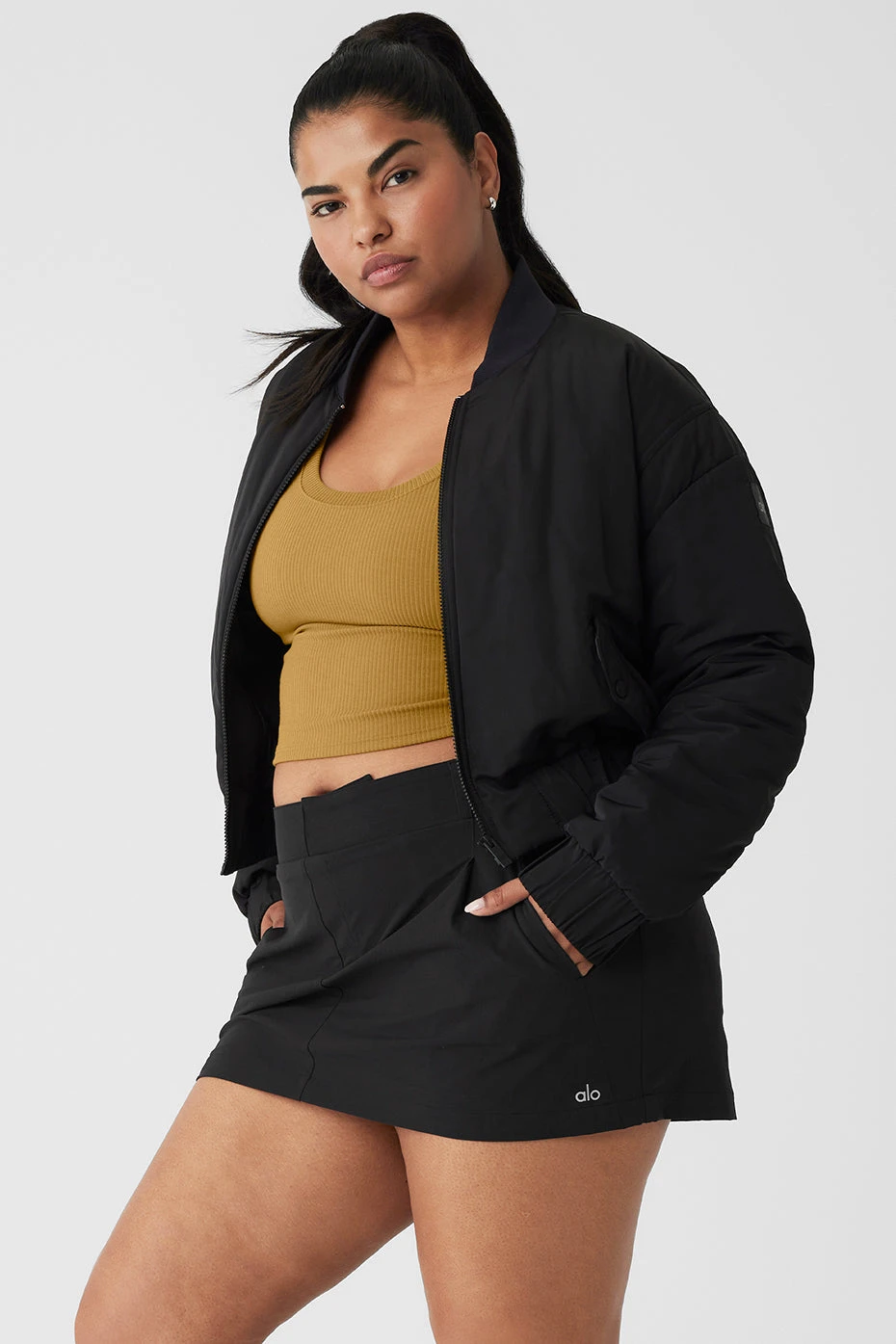 Cropped Break Line Bomber Jacket - Black - Image 7