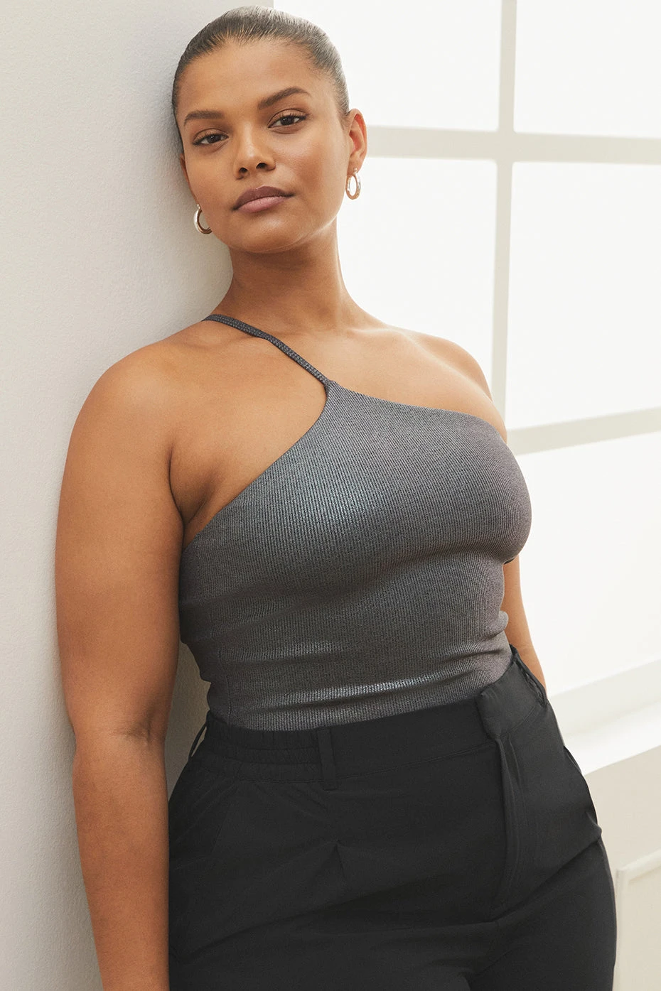 Alosoft Ribbed Shimmer Plie Bodysuit - Dark Grey Iridescent