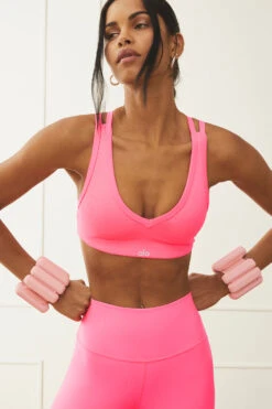 Airlift Ribbed Jump Start V-Neck Bra - Fluorescent Pink Coral